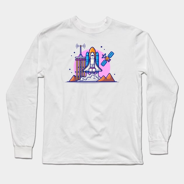 Space Shuttle Taking Off with Tower, Satellite and Mountain Cartoon Vector Icon Illustration Long Sleeve T-Shirt by Catalyst Labs